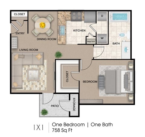 Floor plan for 1 bed, 1 bath, 758 sqft